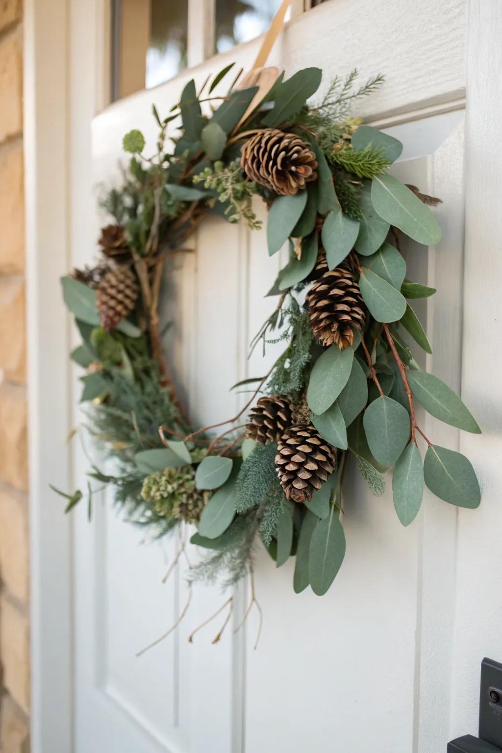 Eucalyptus and pinecones create an elegant and refreshing winter wreath.