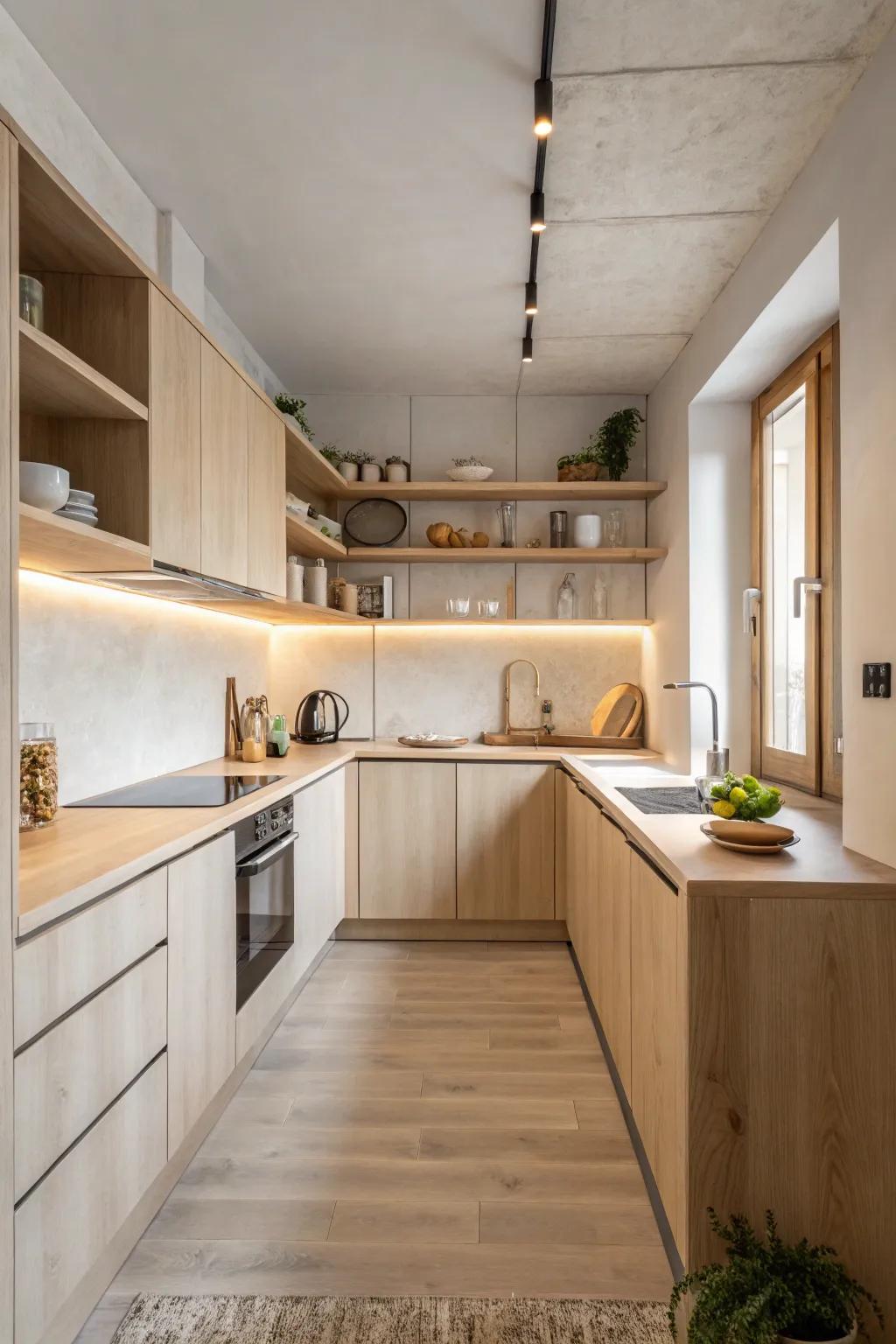 Minimalism enhances the tranquility of a Japandi kitchen.