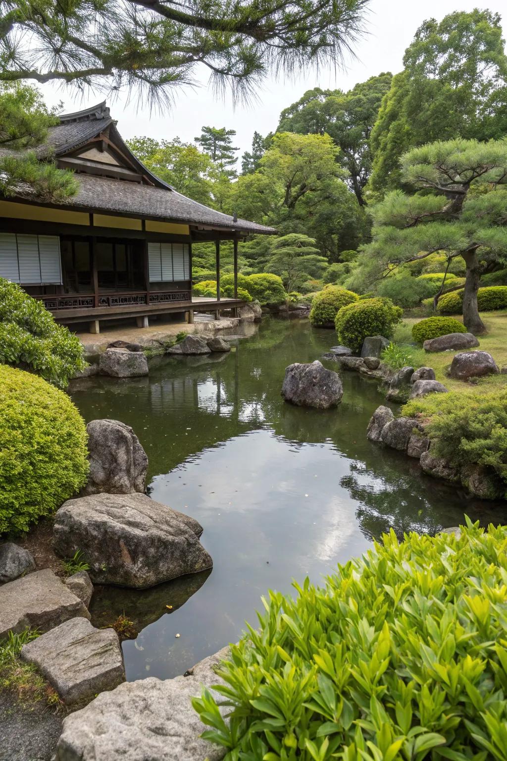 A Japanese garden with a small pond surrounded by rocks.