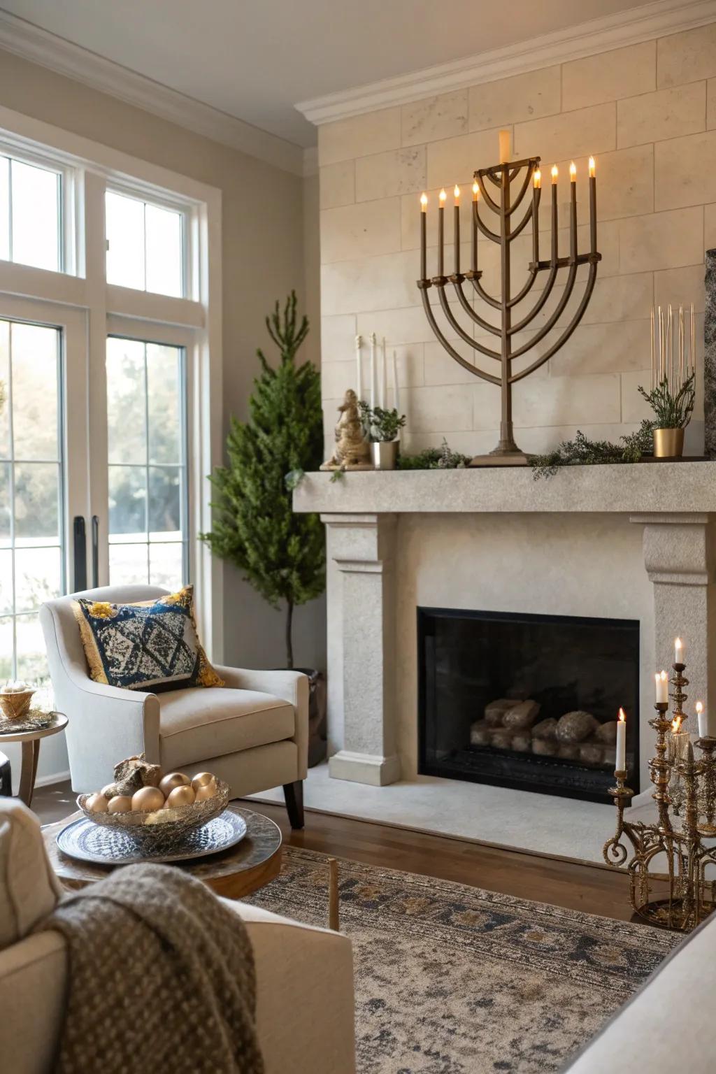 Modern menorah beautifully displayed on a living room mantel.