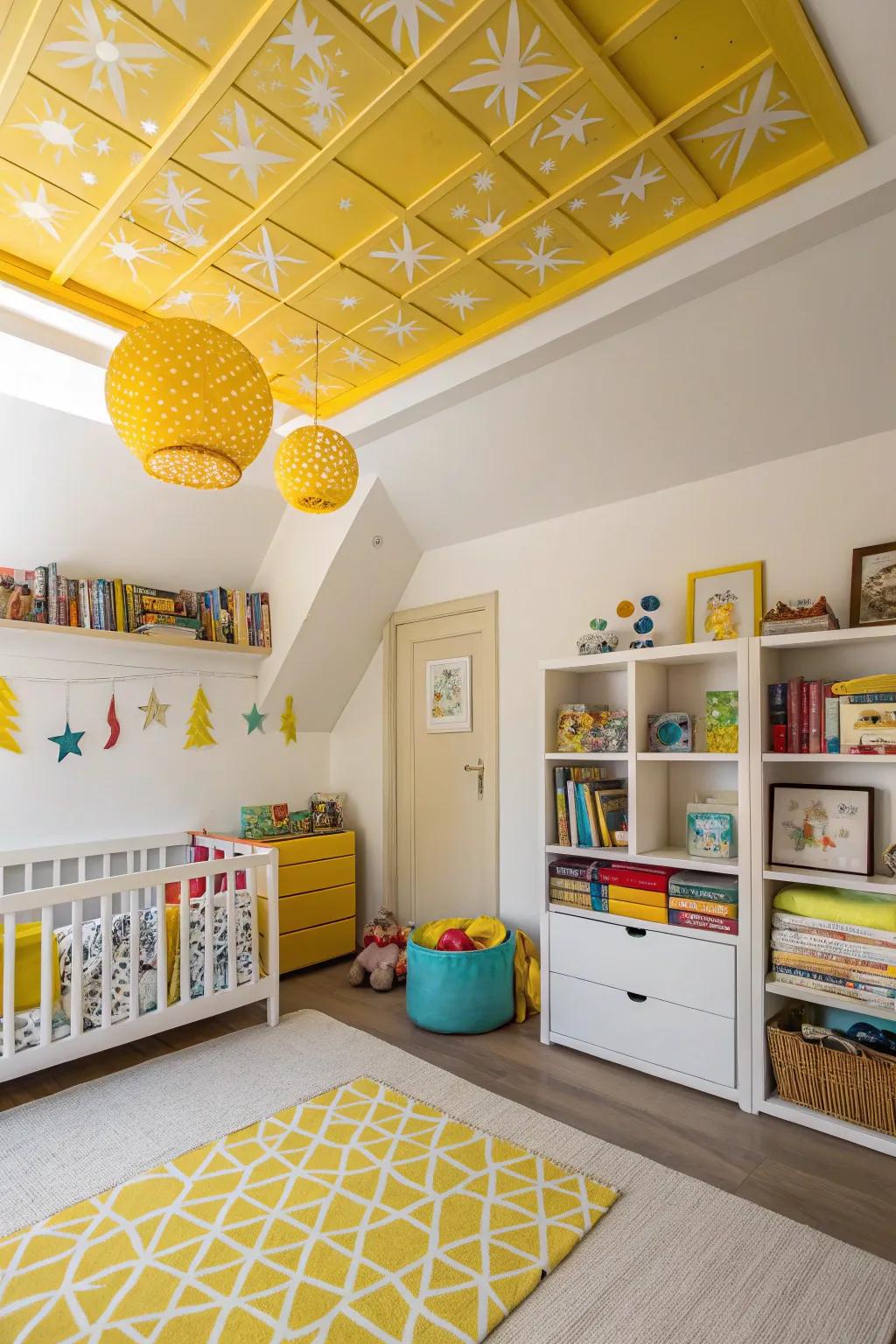 Bright yellow accents bring warmth and cheer to this kid's room.