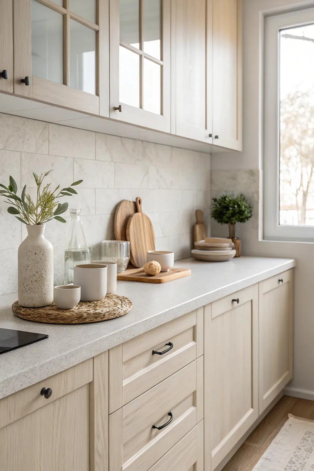 An elegant kitchen with light and neutral decor.