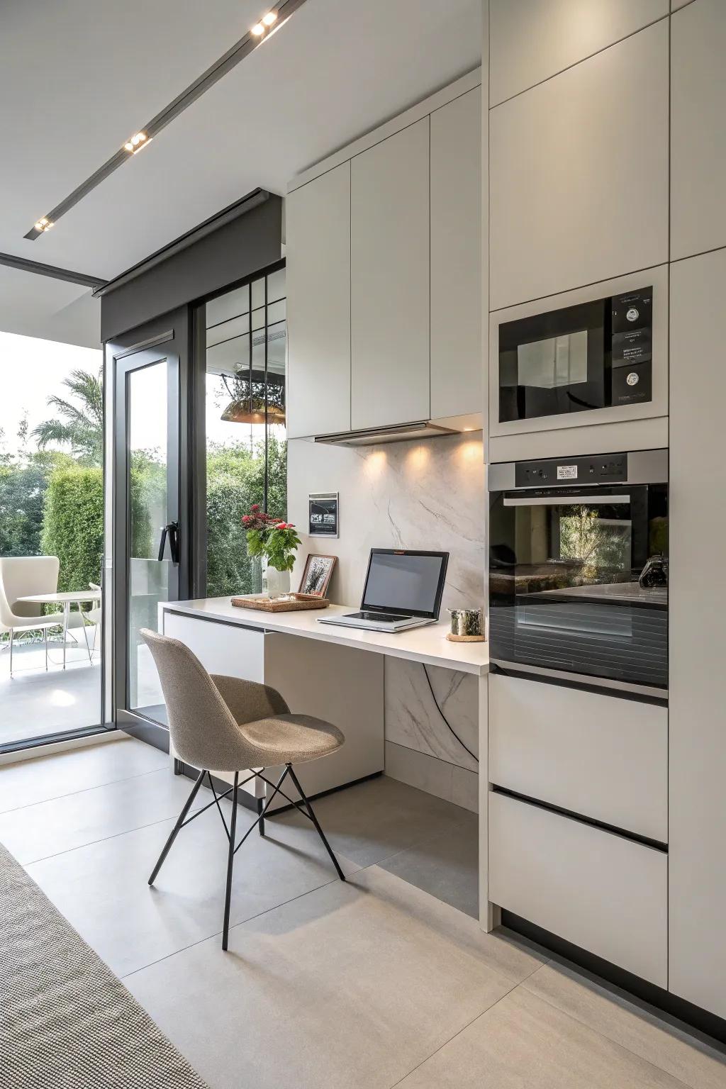 A compact desk seamlessly integrated into kitchen cabinetry for a functional workspace.