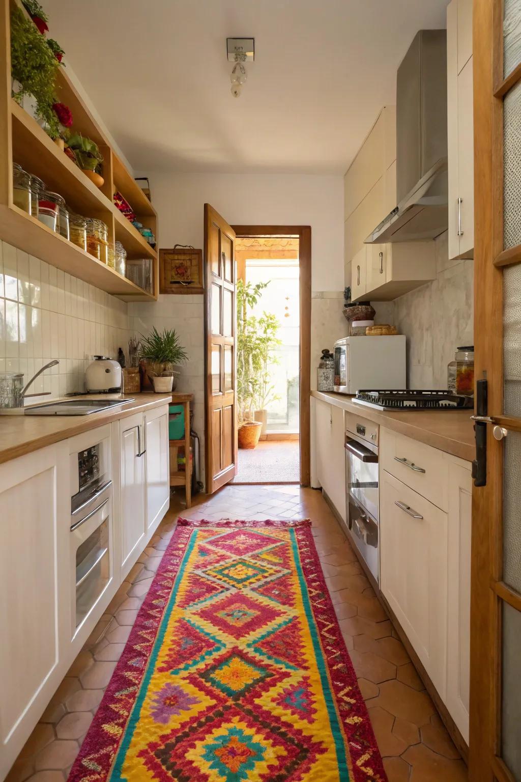 A vibrant runner rug can breathe life into a narrow kitchen space.