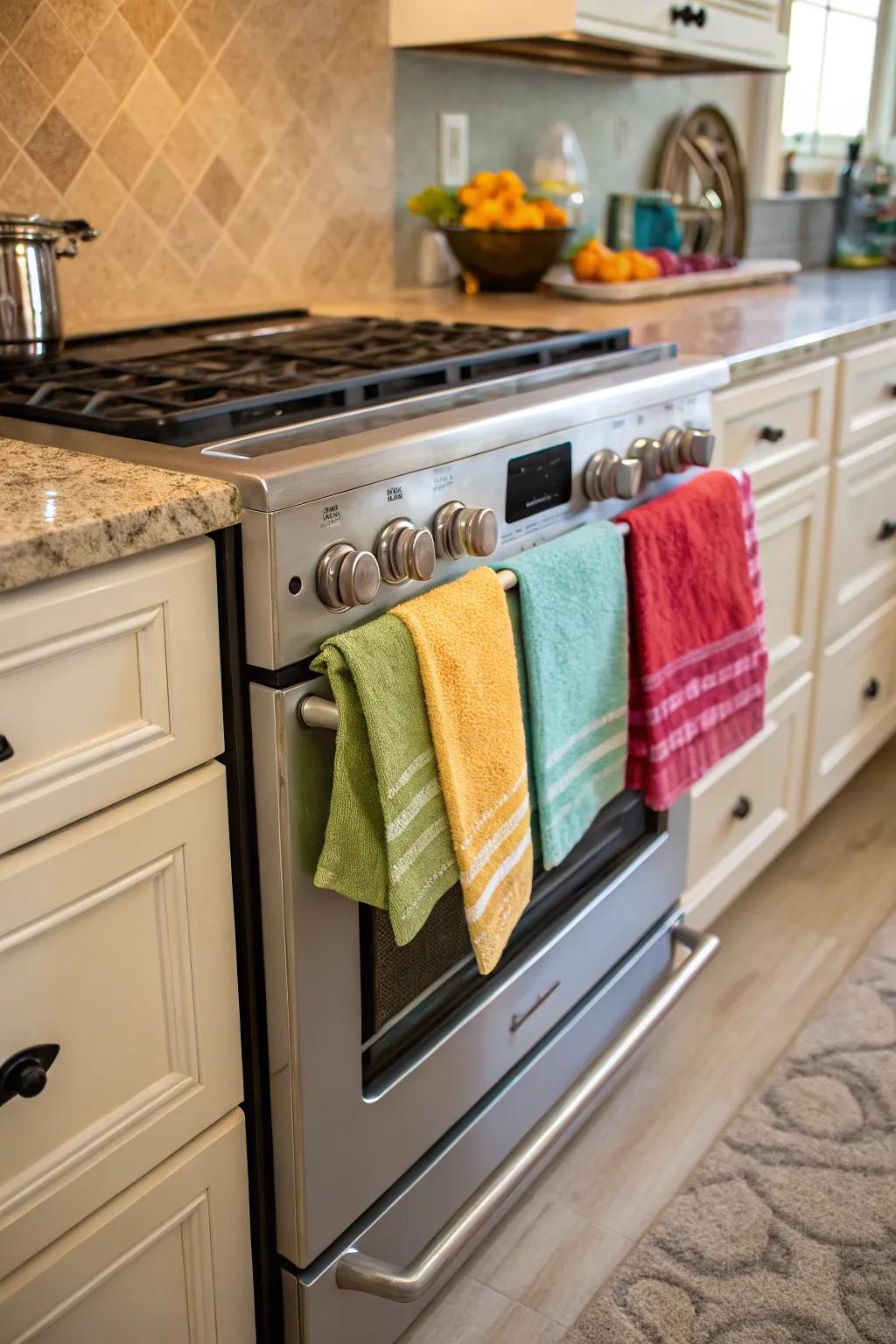 Drape towels over oven handles for an easy decorative touch.