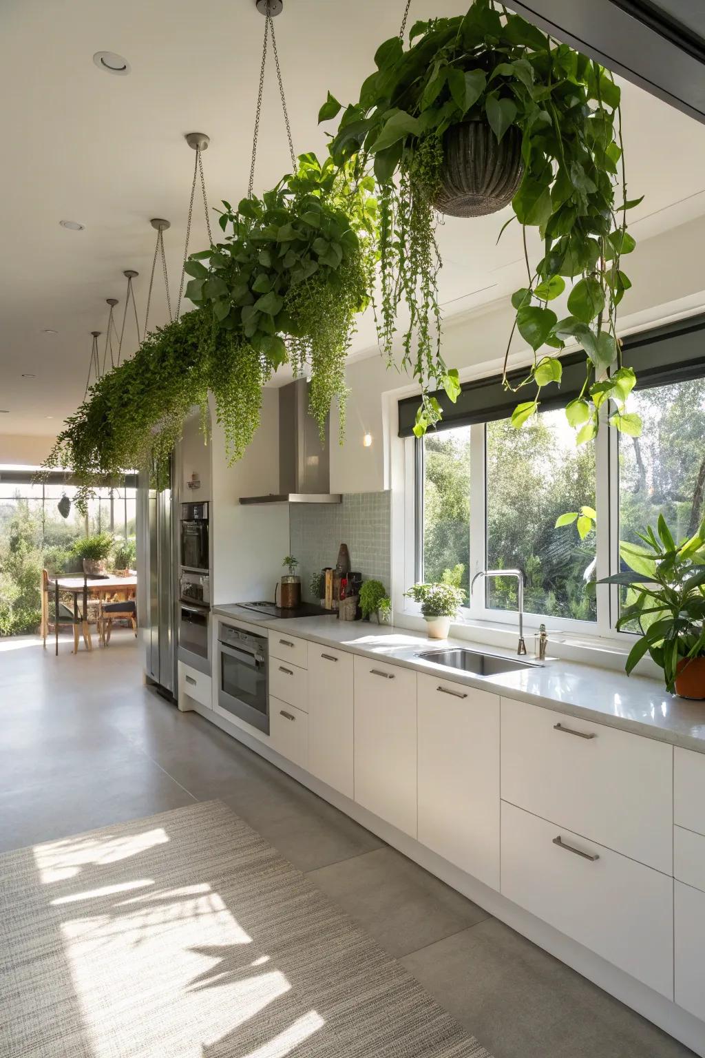 Create a vertical garden oasis in your kitchen with hanging plants.