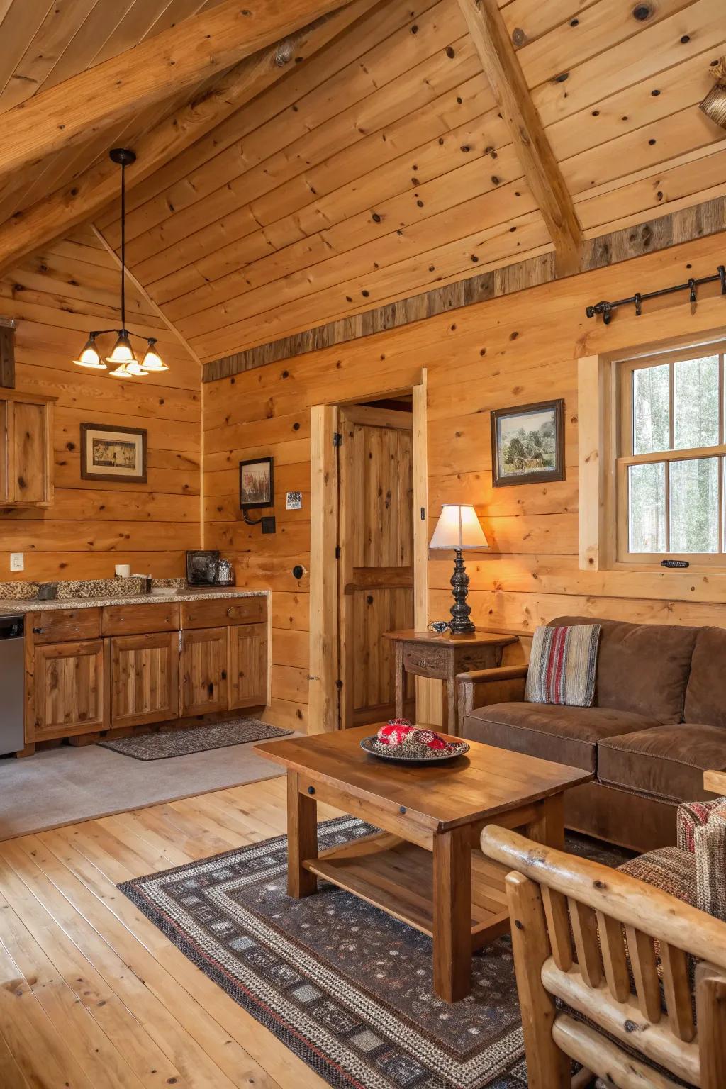 Untreated knotty pine walls showcasing natural beauty and grain.
