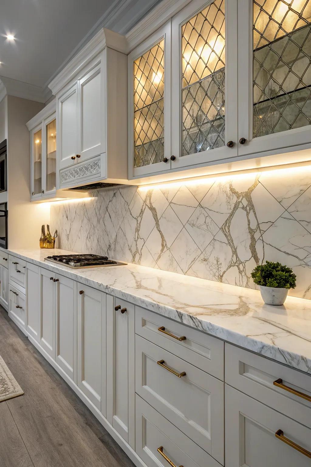 Marble-look laminate countertops bring elegance to any kitchen.