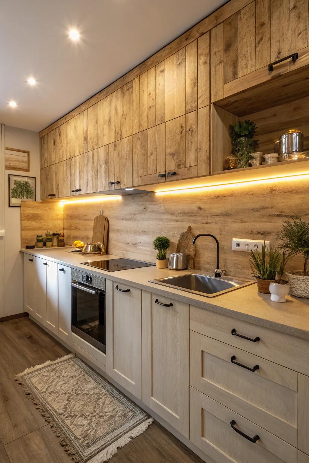 Wood-like laminate adds a cozy, rustic vibe to your kitchen.