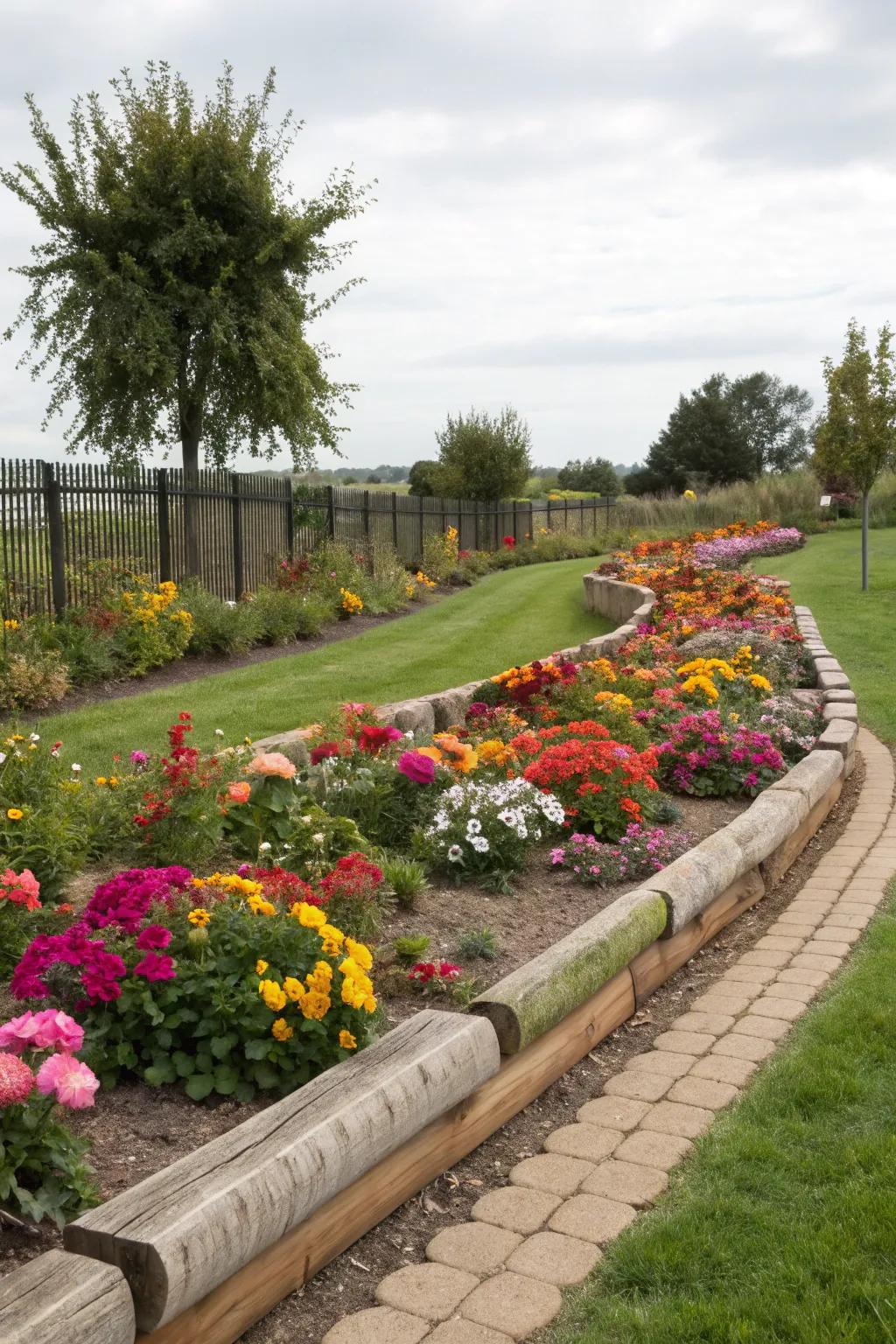 Landscape timbers create clean, defined edges around garden beds.