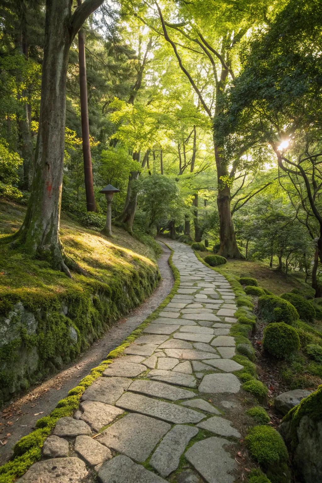 A winding stone path through a sun-dappled forest.