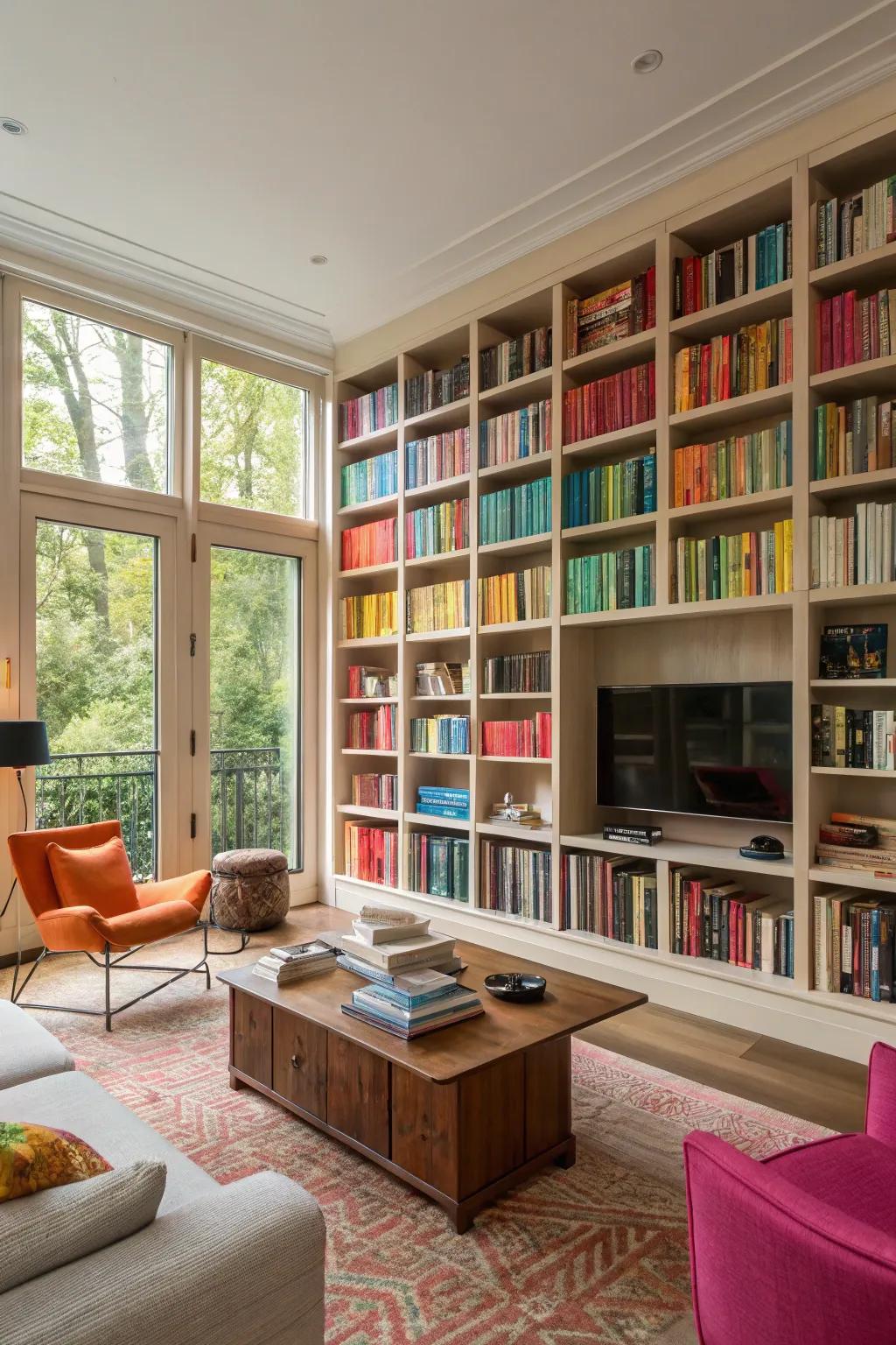 Floor-to-ceiling bookshelves add height and elegance to this cozy living space.