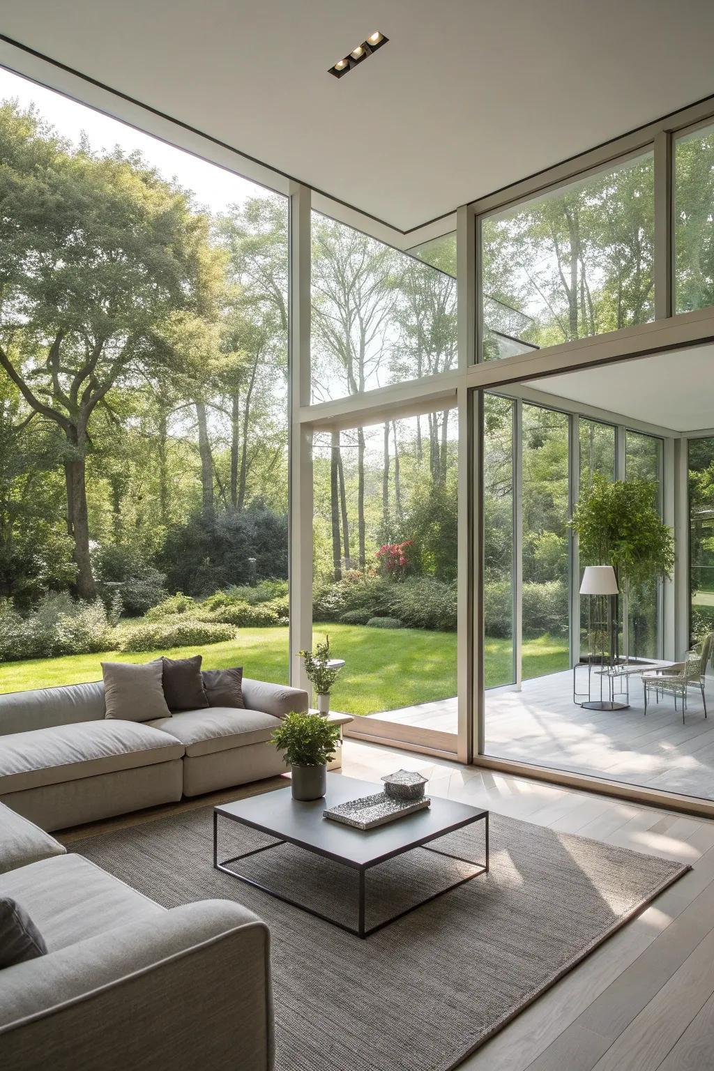 A modern living room that blurs the line between indoors and outdoors with expansive glass panels.