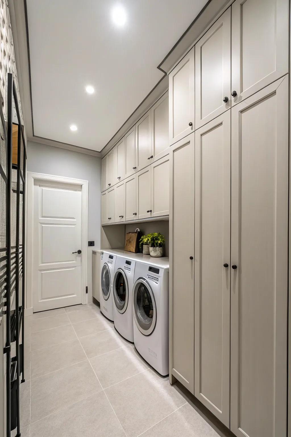 Utilize vertical cabinets to maximize storage in compact laundry rooms.