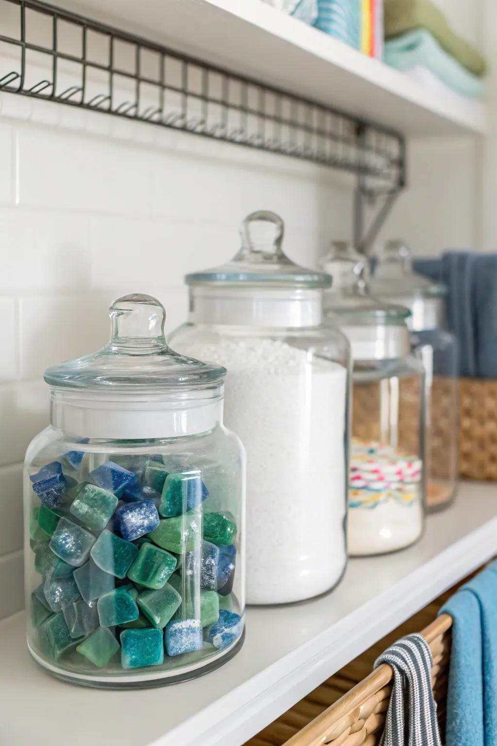 Clear glass jars elegantly store your laundry essentials.