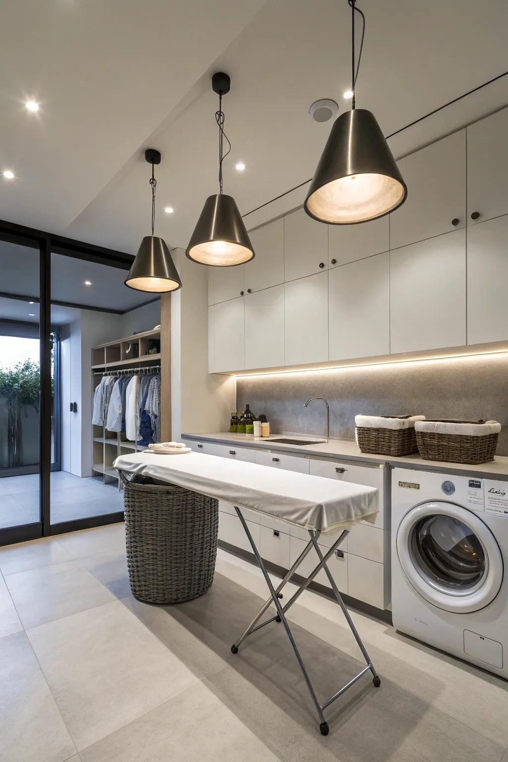 Elegance meets function with chic pendant lighting in the laundry room.