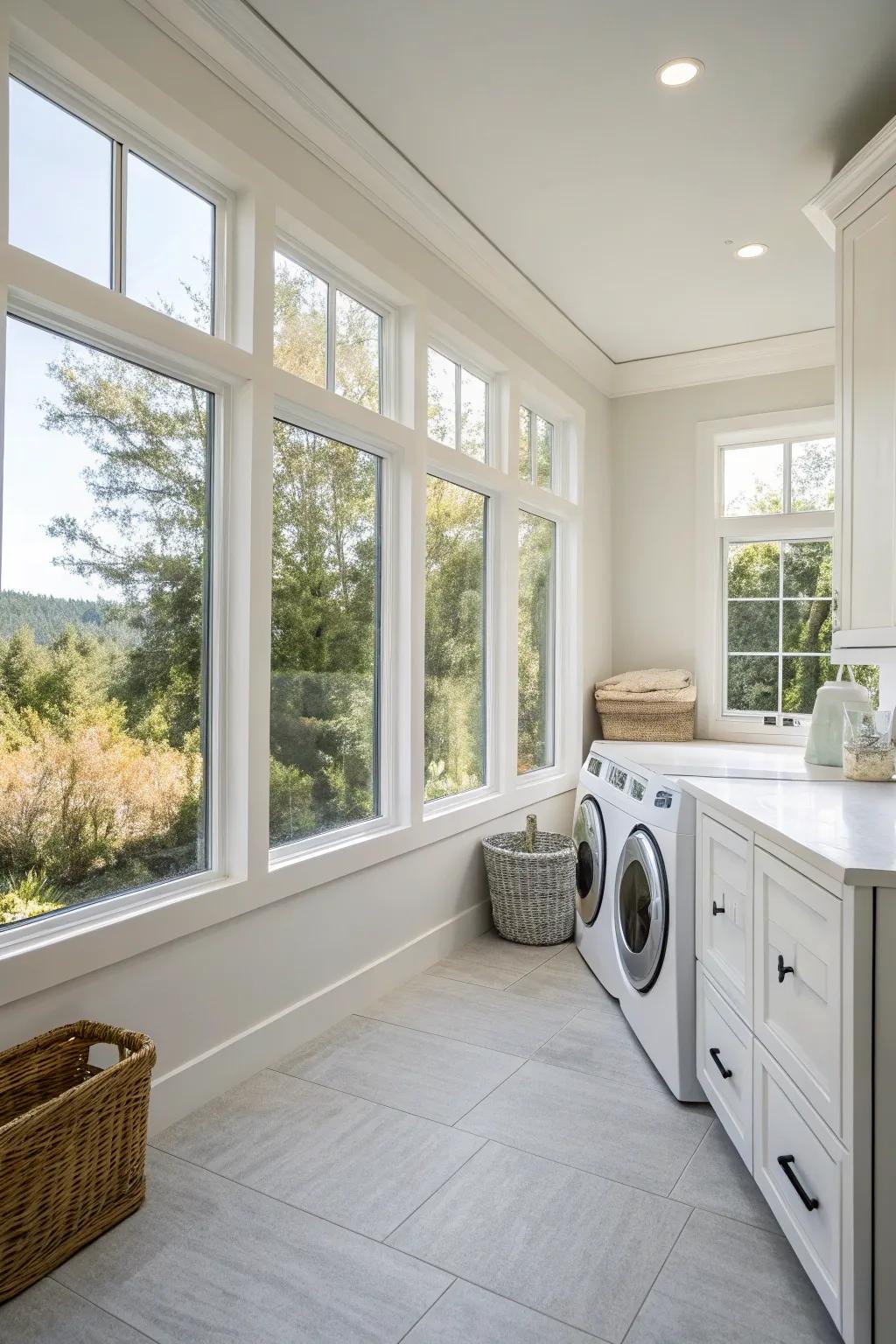 A minimalist laundry room bathed in natural light.