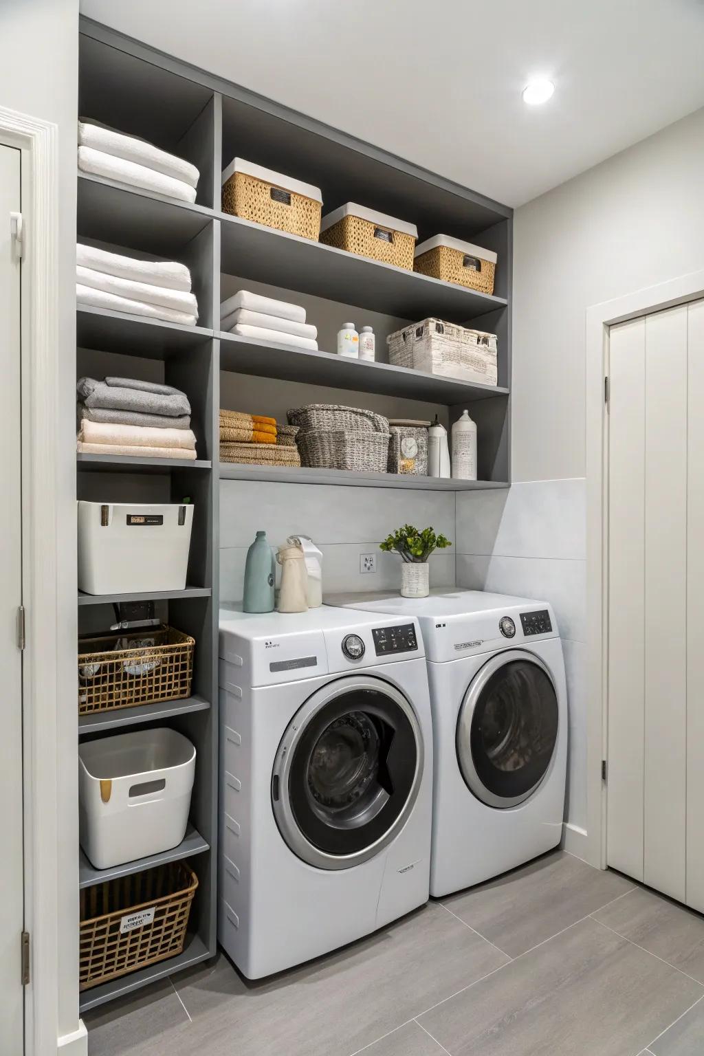 Utilize vertical space with shelves above your laundry appliances.