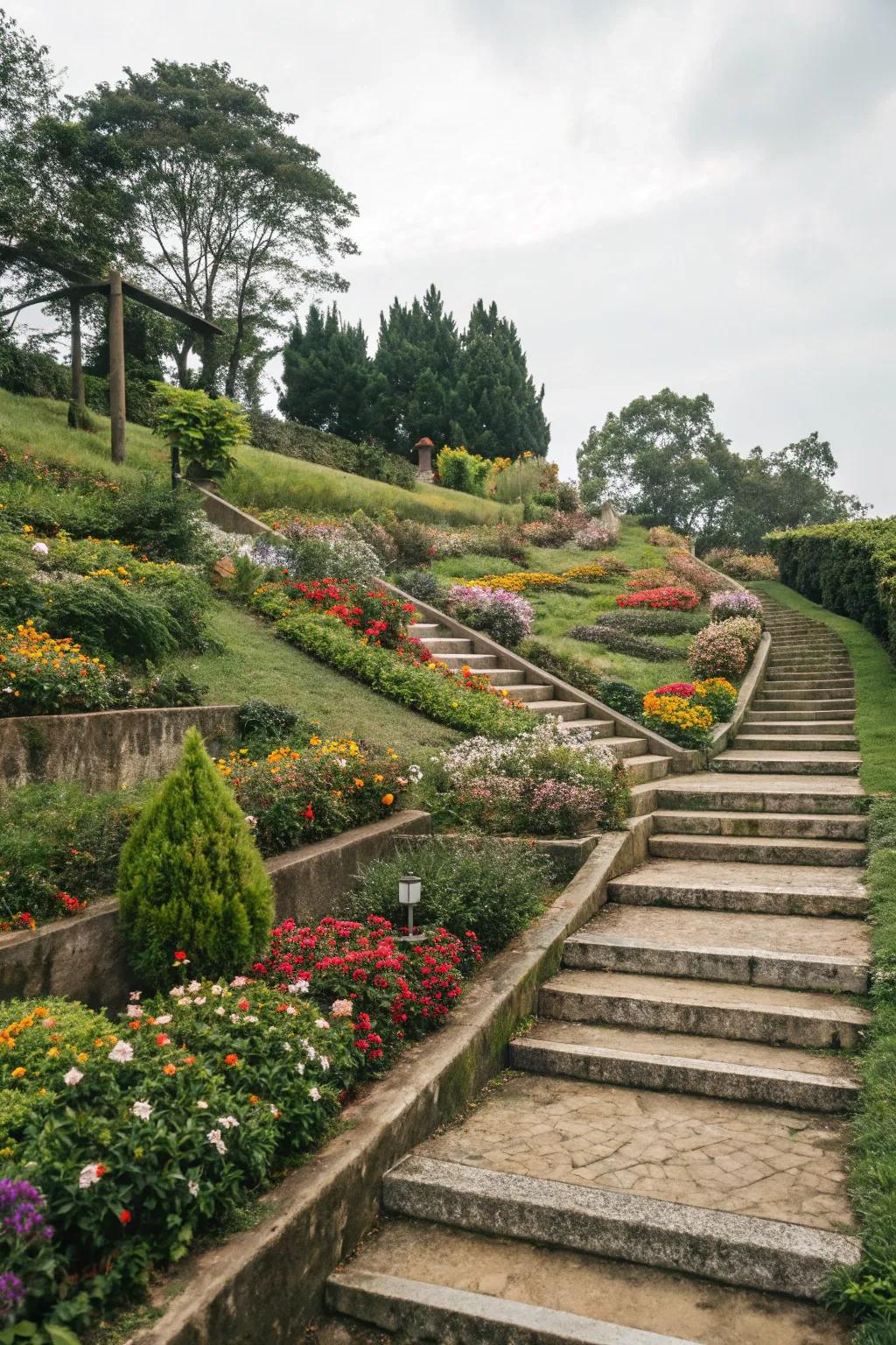 Multi-level flower beds bringing depth and dimension.