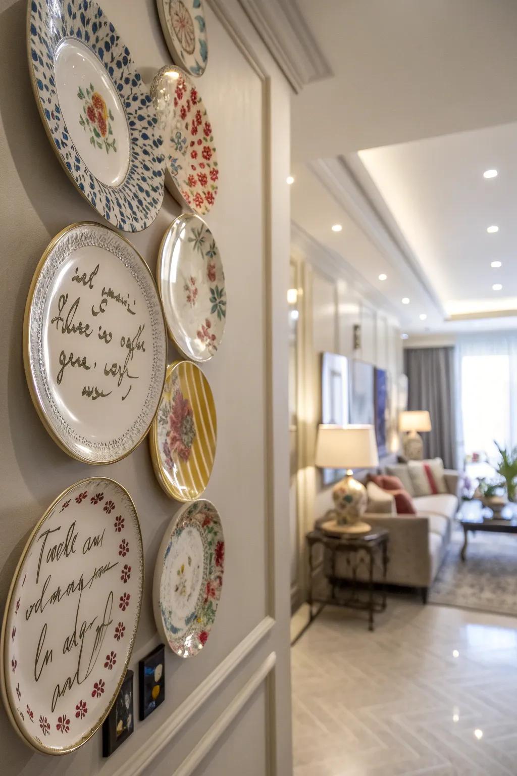 A wall of plates in a stylish apartment, each with a personal message.