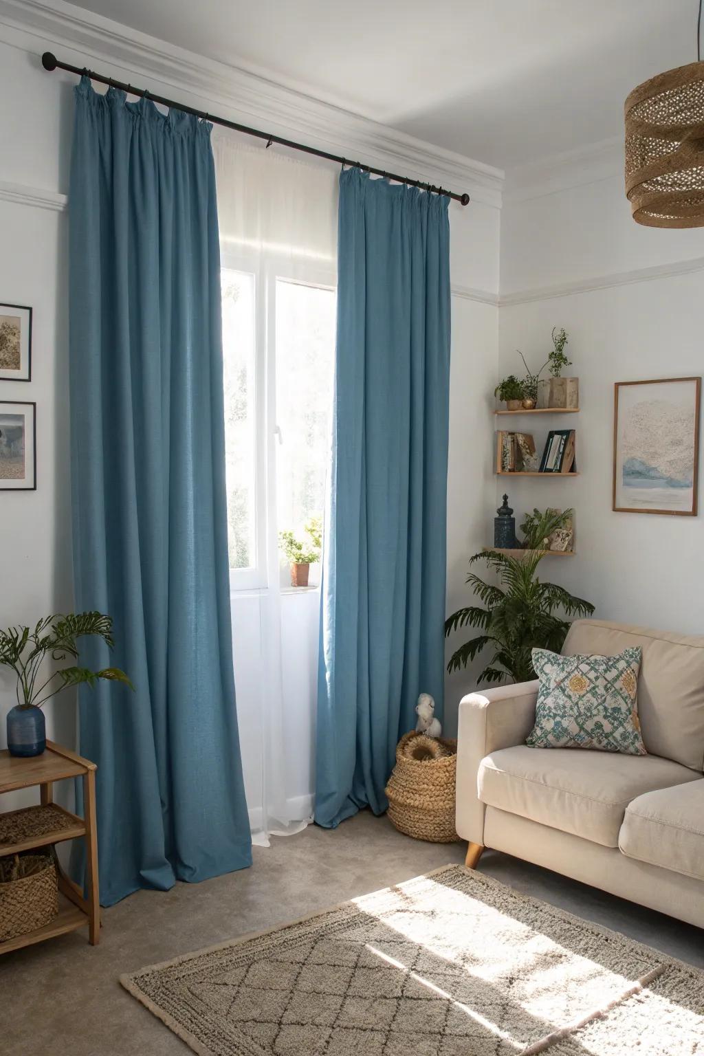 A soothing living room with blue curtains and neutral tones, creating a calm and elegant space.