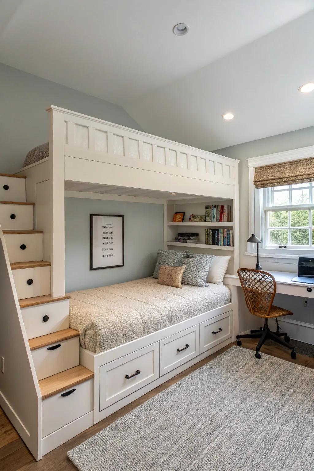 A low-profile loft bed that fits seamlessly into a room with low ceilings.