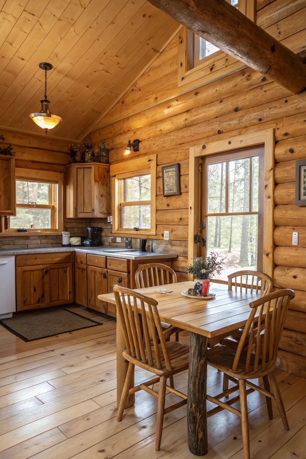 A log cabin kitchen featuring natural wooden cabinets and walls.