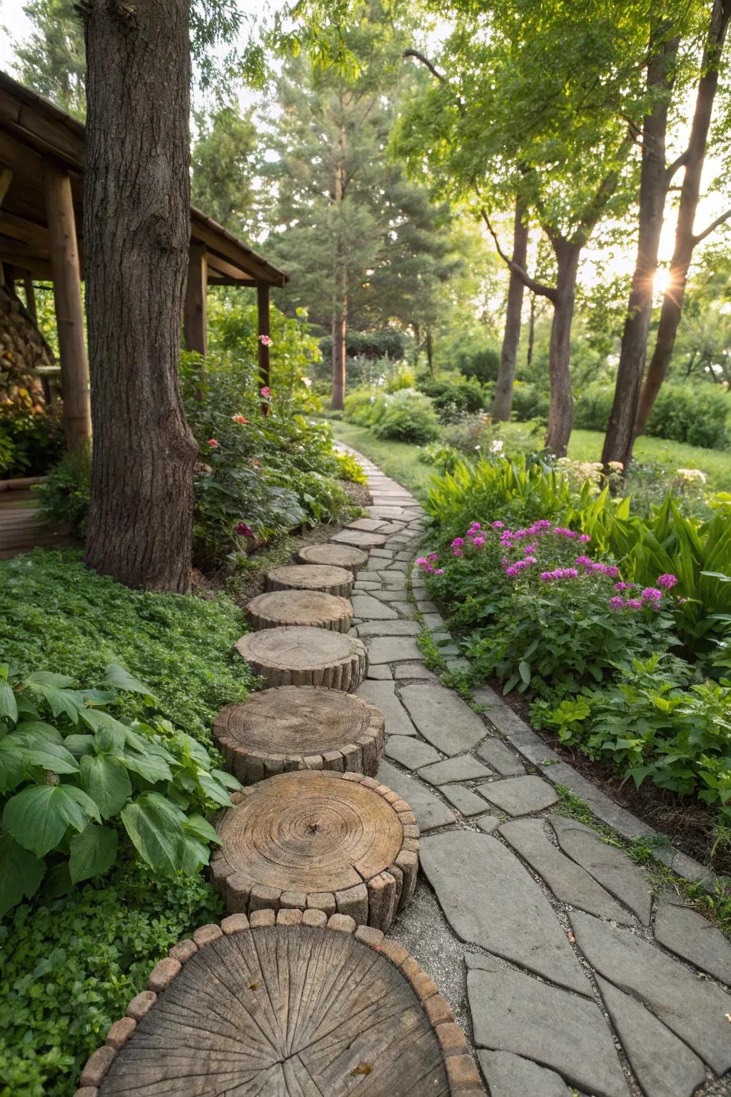 A garden pathway creatively designed with log slices.