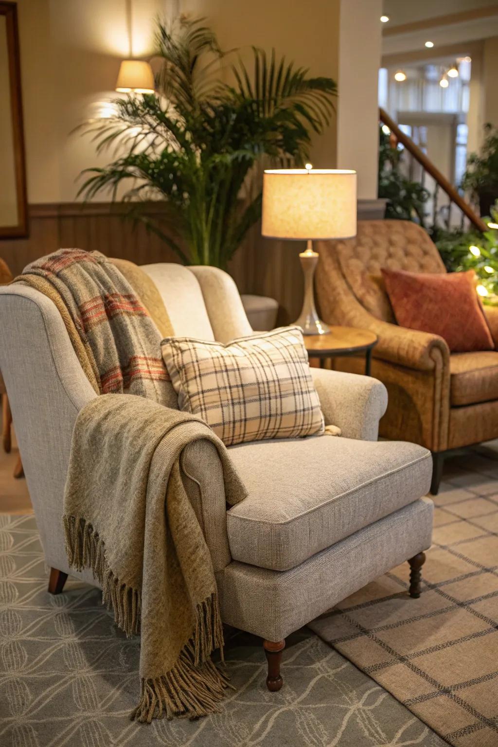 Comfortable seating with soft textures sets the tone for relaxation.