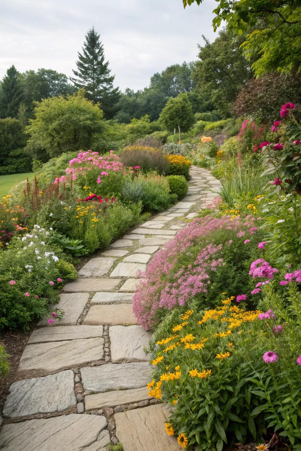 A charming stone pathway amidst a perennial paradise.