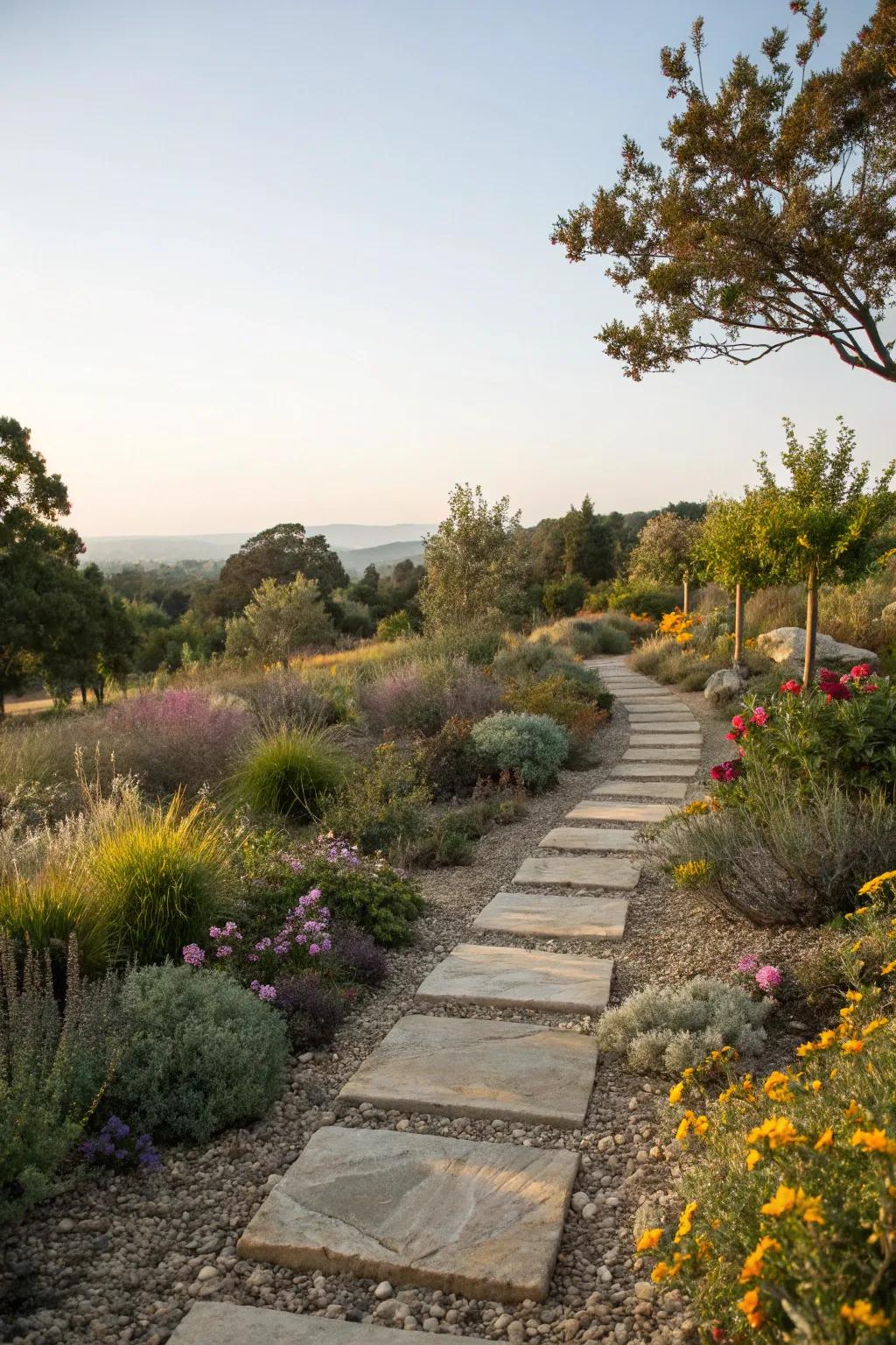 A well-defined pathway bordered by stones adds structure and elegance.