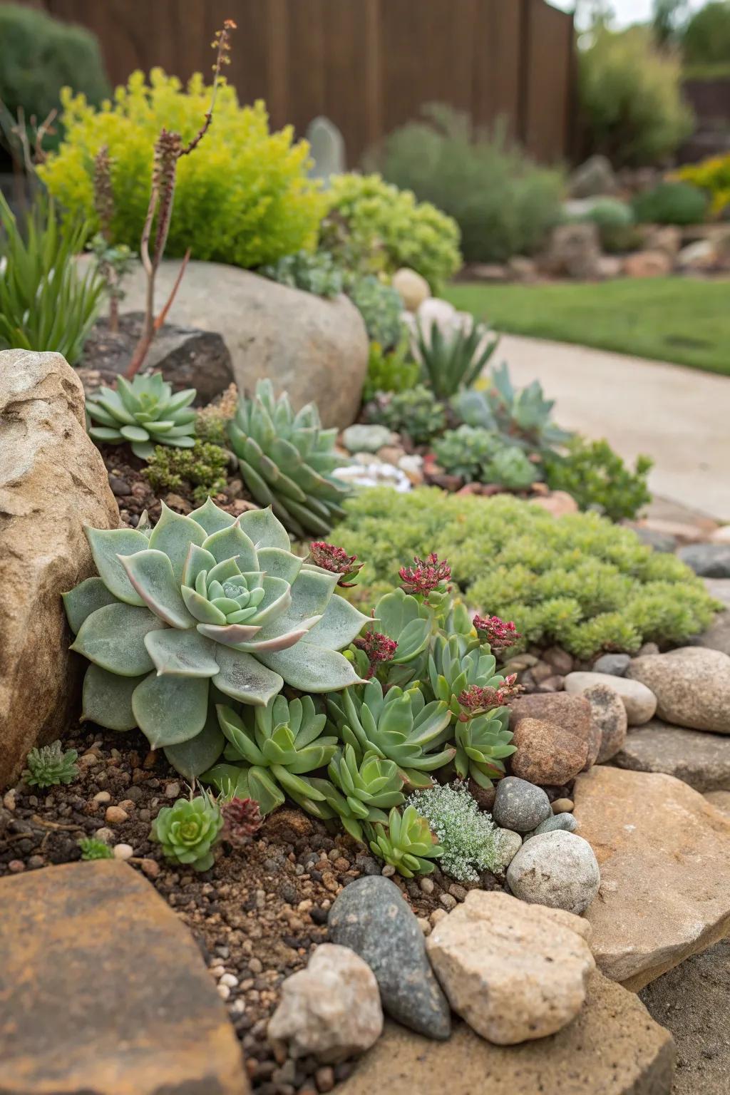 Vibrant succulents nestled among rocks in a garden.