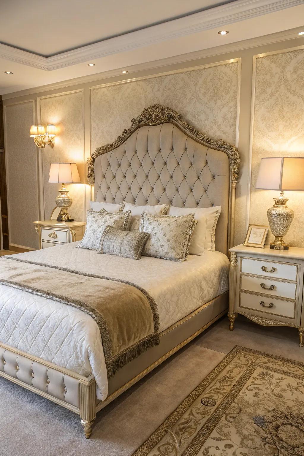 A luxurious bedroom featuring a high-end bed with an elaborate headboard and plush bedding.