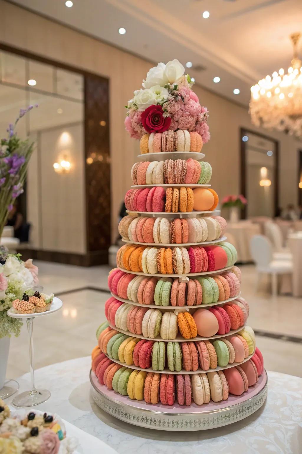 A tiered macaron tower with colorful macarons and floral accents.
