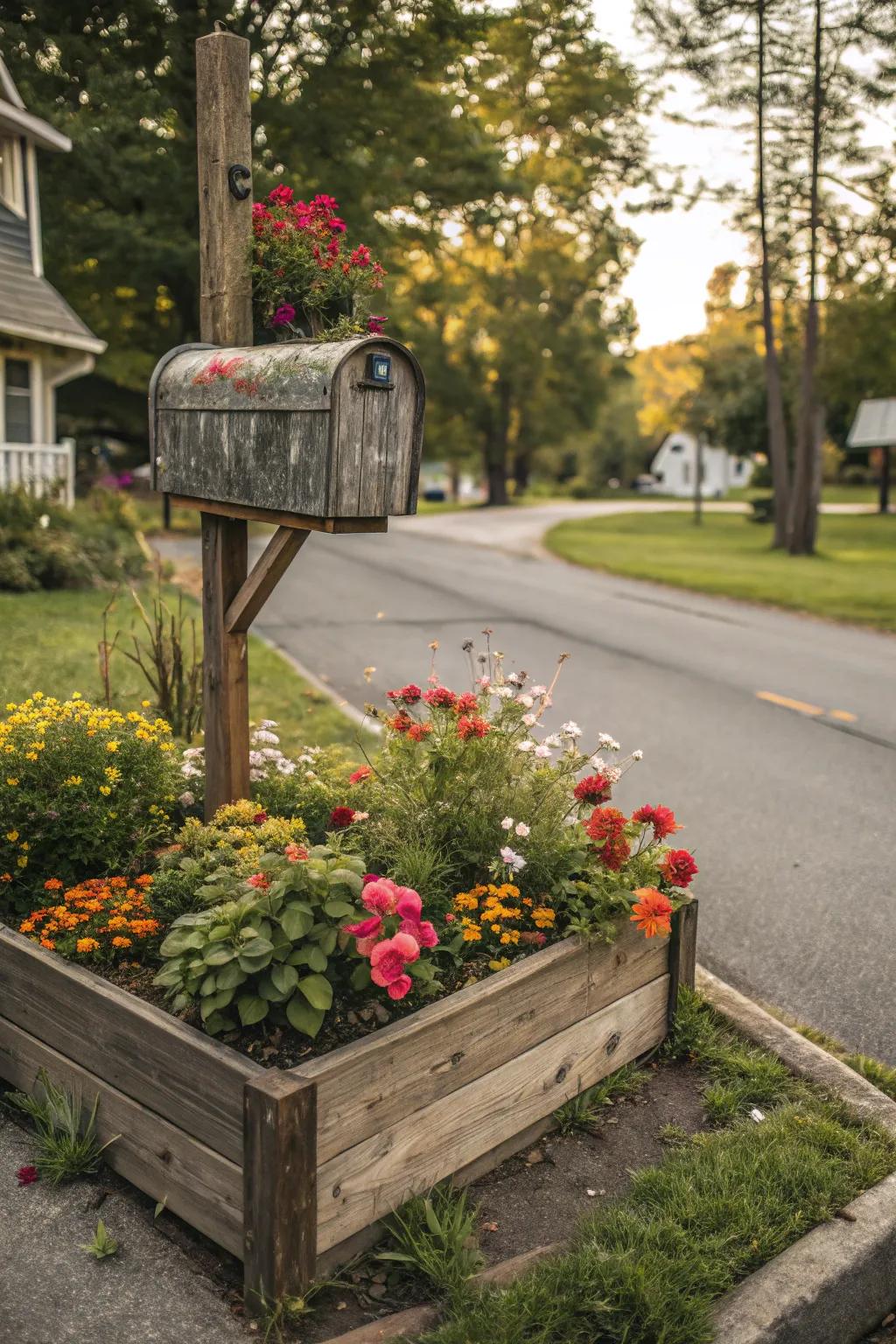 Wooden edges frame this charming mailbox flower bed beautifully.