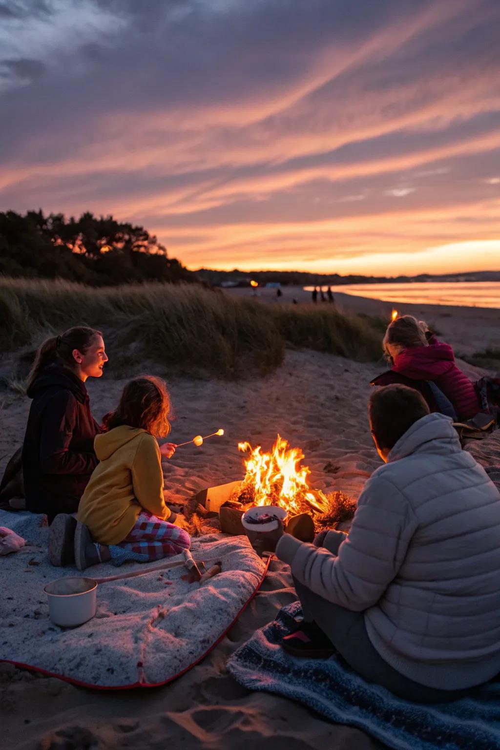 A cozy beach bonfire setting for family storytelling.