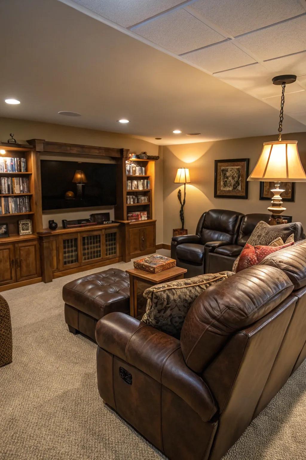 A cozy man cave featuring a luxurious leather sofa and recliners.