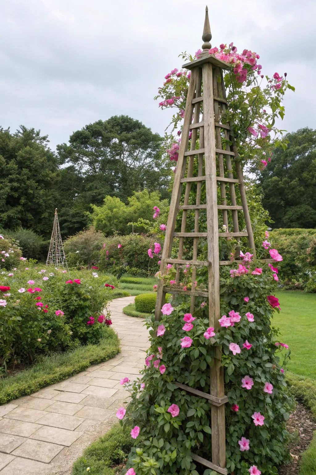 A classic bamboo obelisk supports vibrant mandevilla blooms, creating an elegant garden feature.