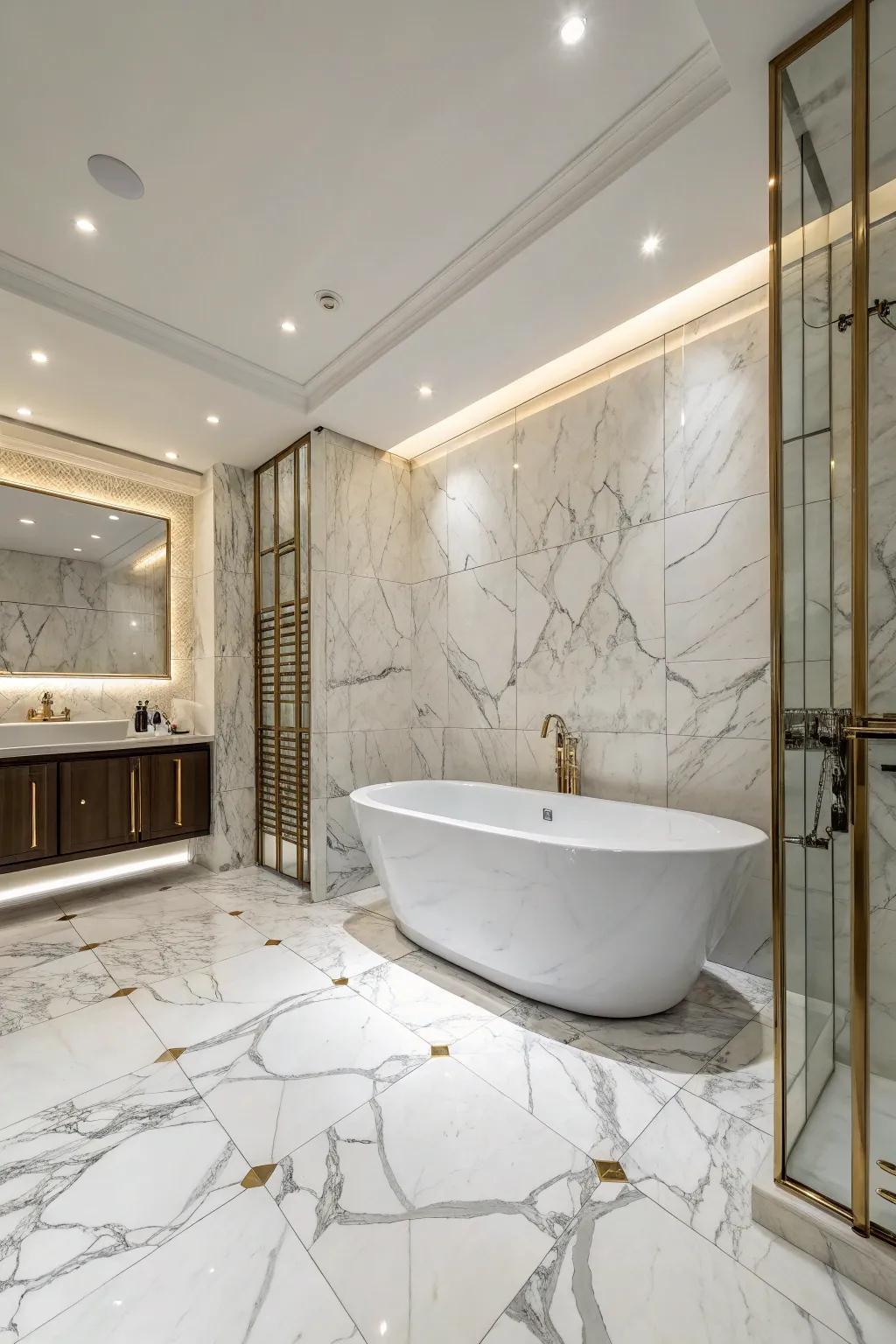 A freestanding marble bathtub serves as the centerpiece of this elegant bathroom.