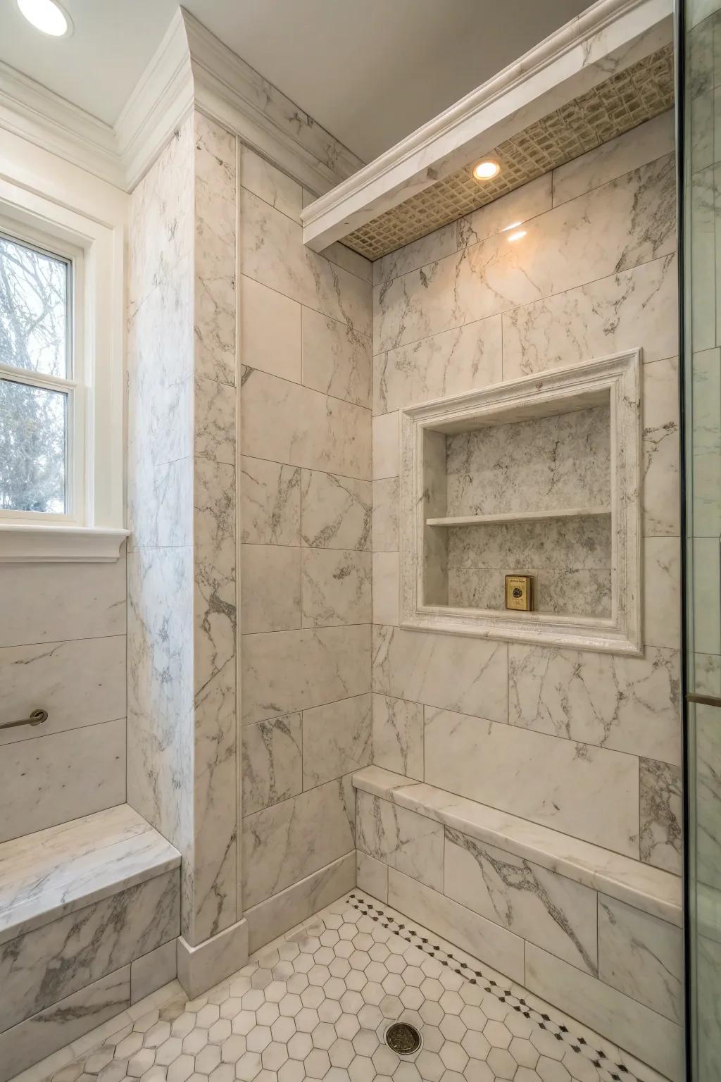 A seamless Carrara marble niche creates a unified and elegant shower space.