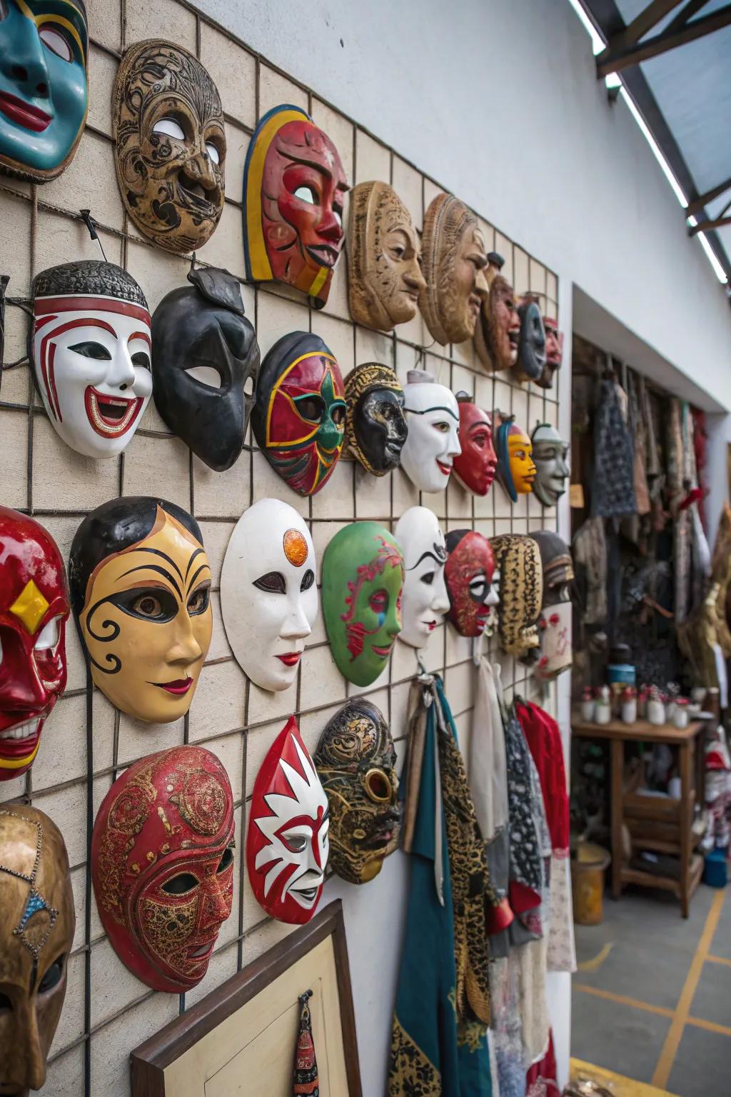 An eclectic arrangement of masks brings life and vibrancy to this space.