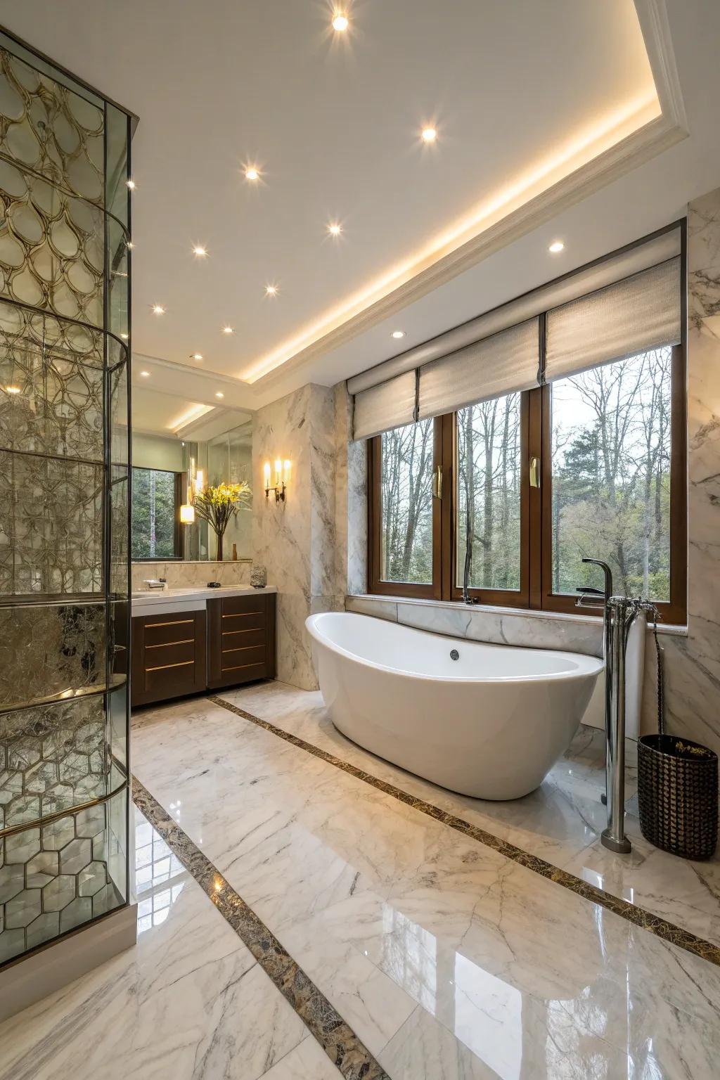 Modern freestanding bathtub as the focal point in a luxurious bathroom.
