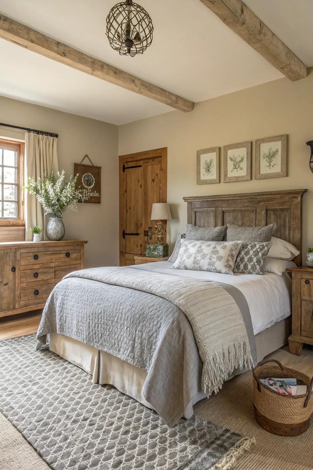 A serene farmhouse bedroom with a neutral color palette