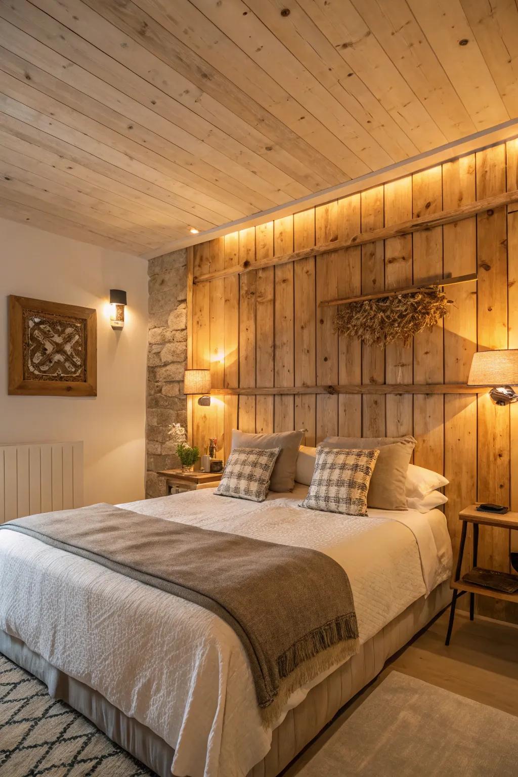 Embrace the warmth of natural wood panels for a rustic and inviting headboard wall.