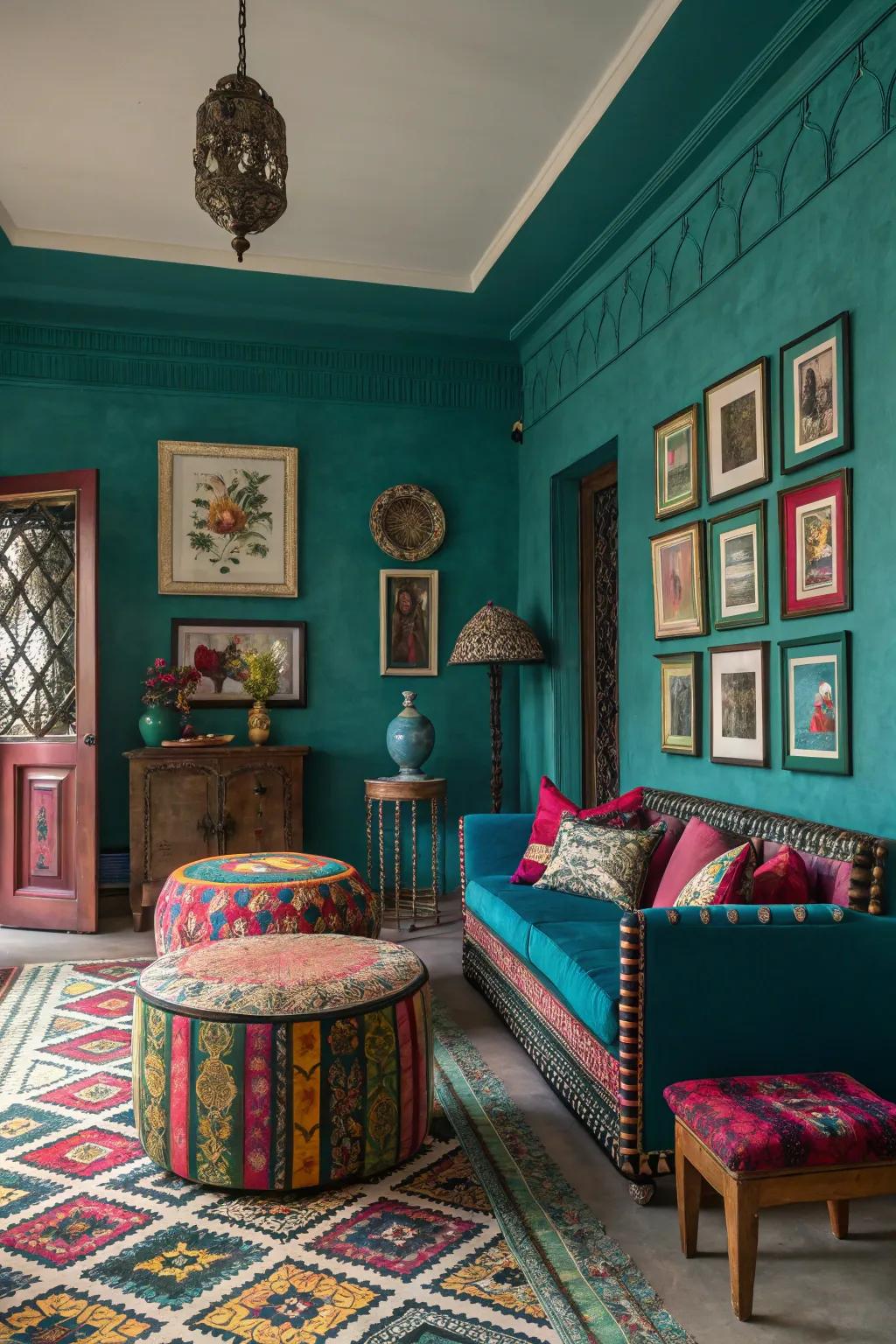 Deep teal walls make a stunning statement in this maximalist space.