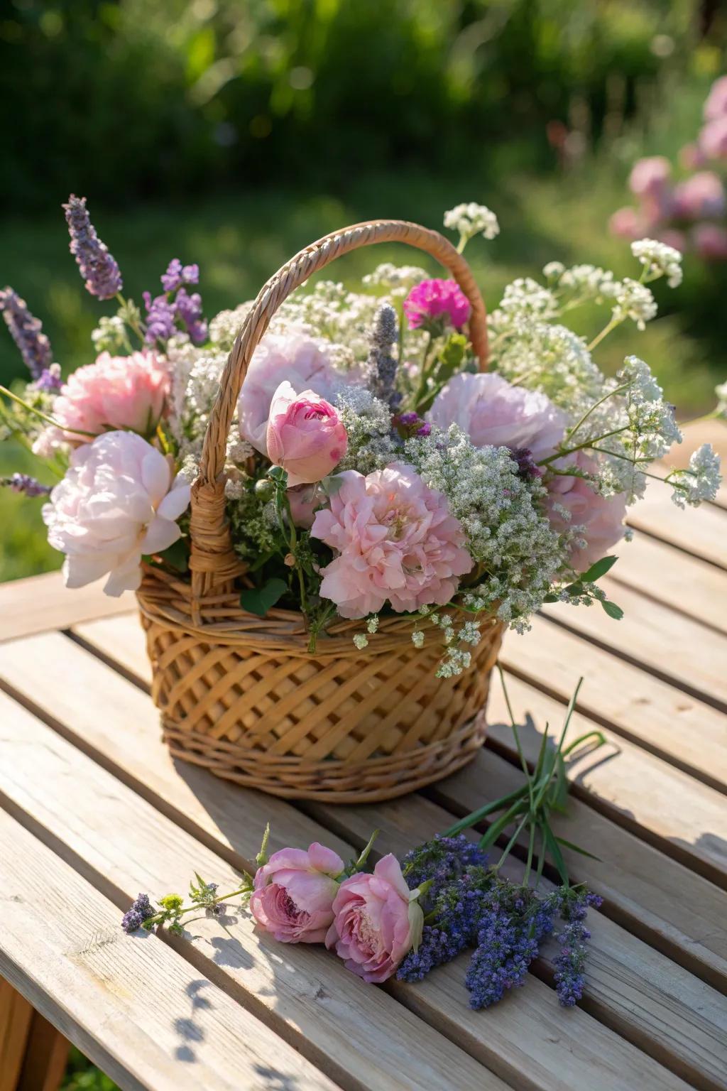 A vibrant arrangement of fresh flowers in a charming woven basket.