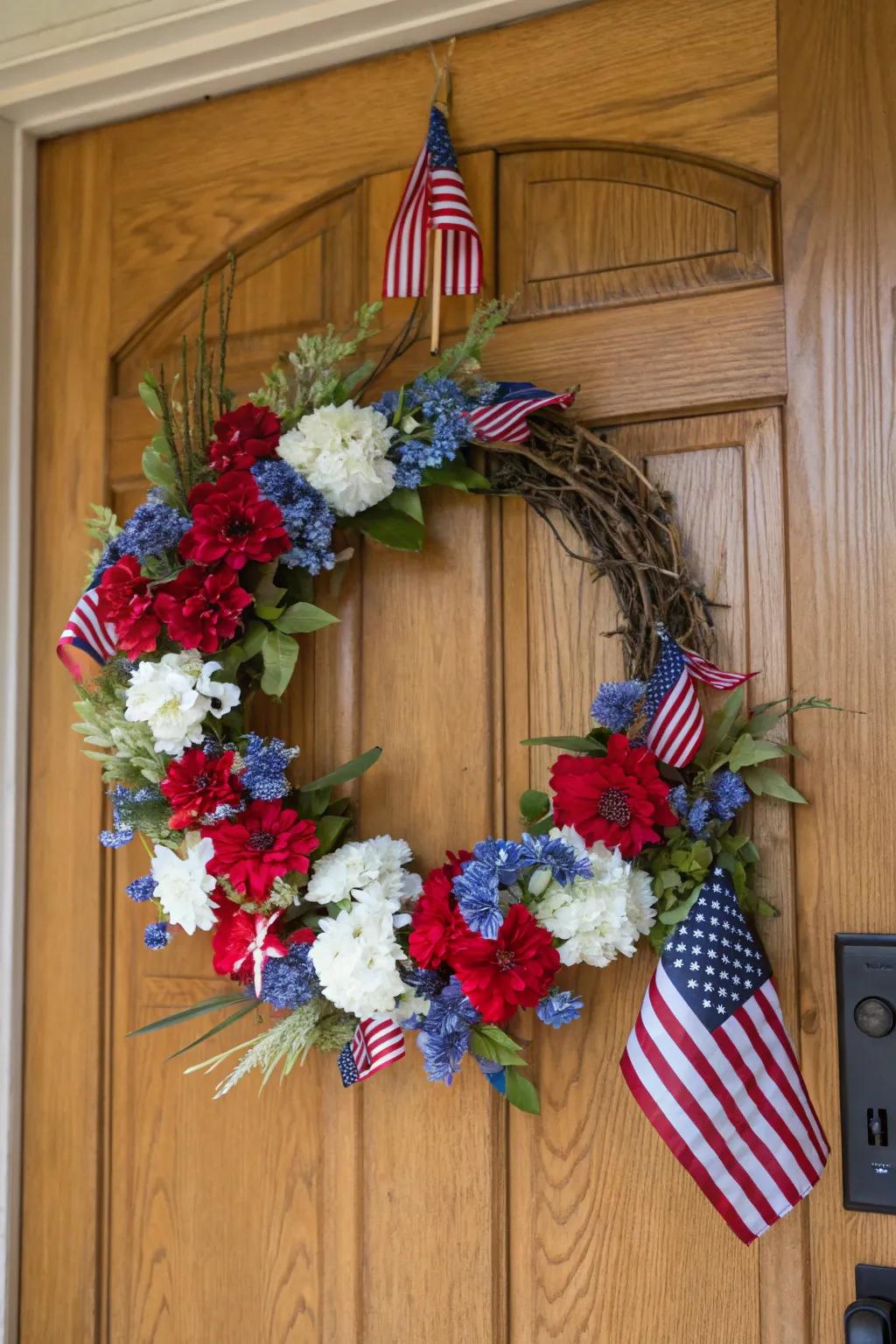 A classic Americana wreath with flowers and flags.