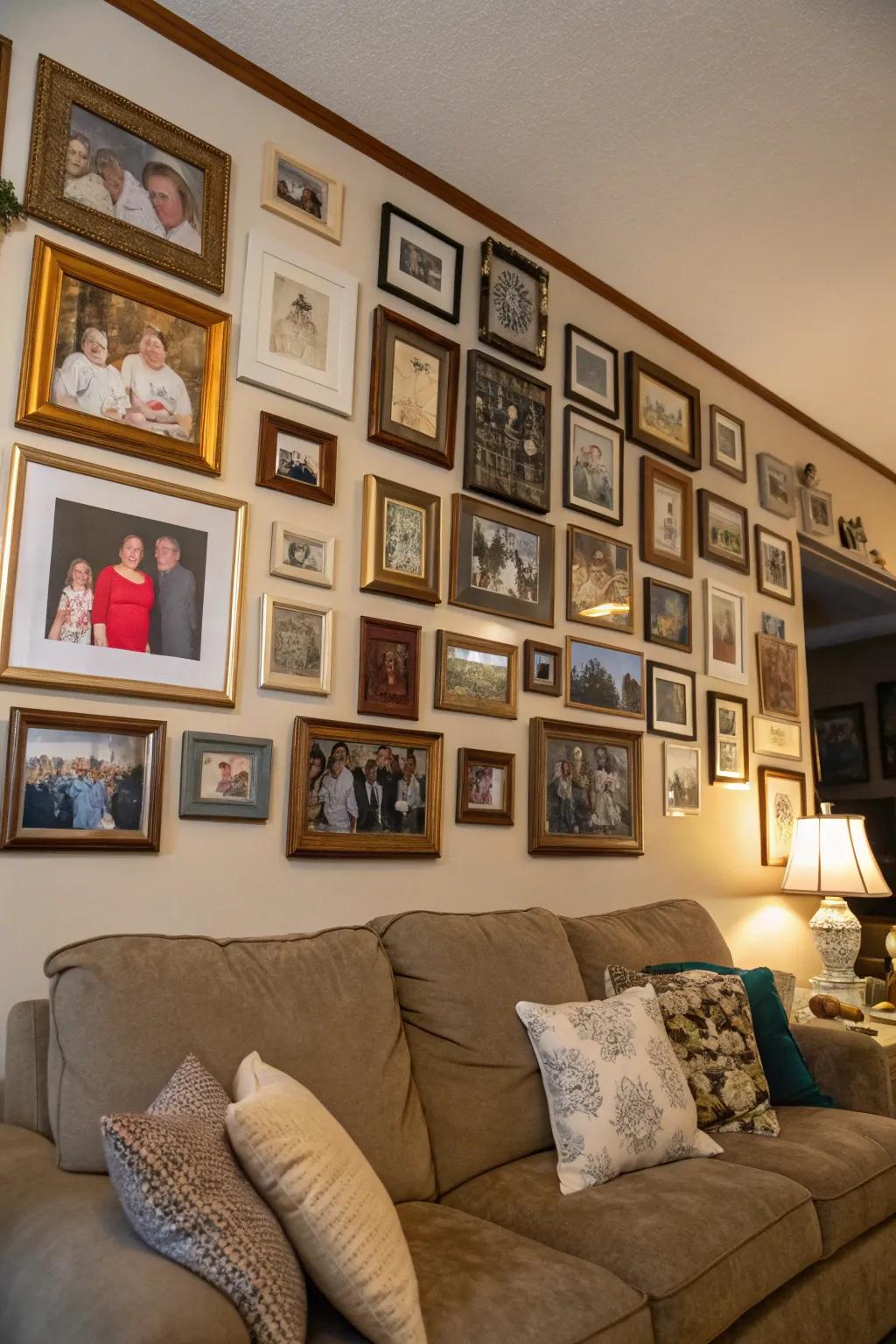 A stunning collage of family photos creating a heartfelt memorial wall.