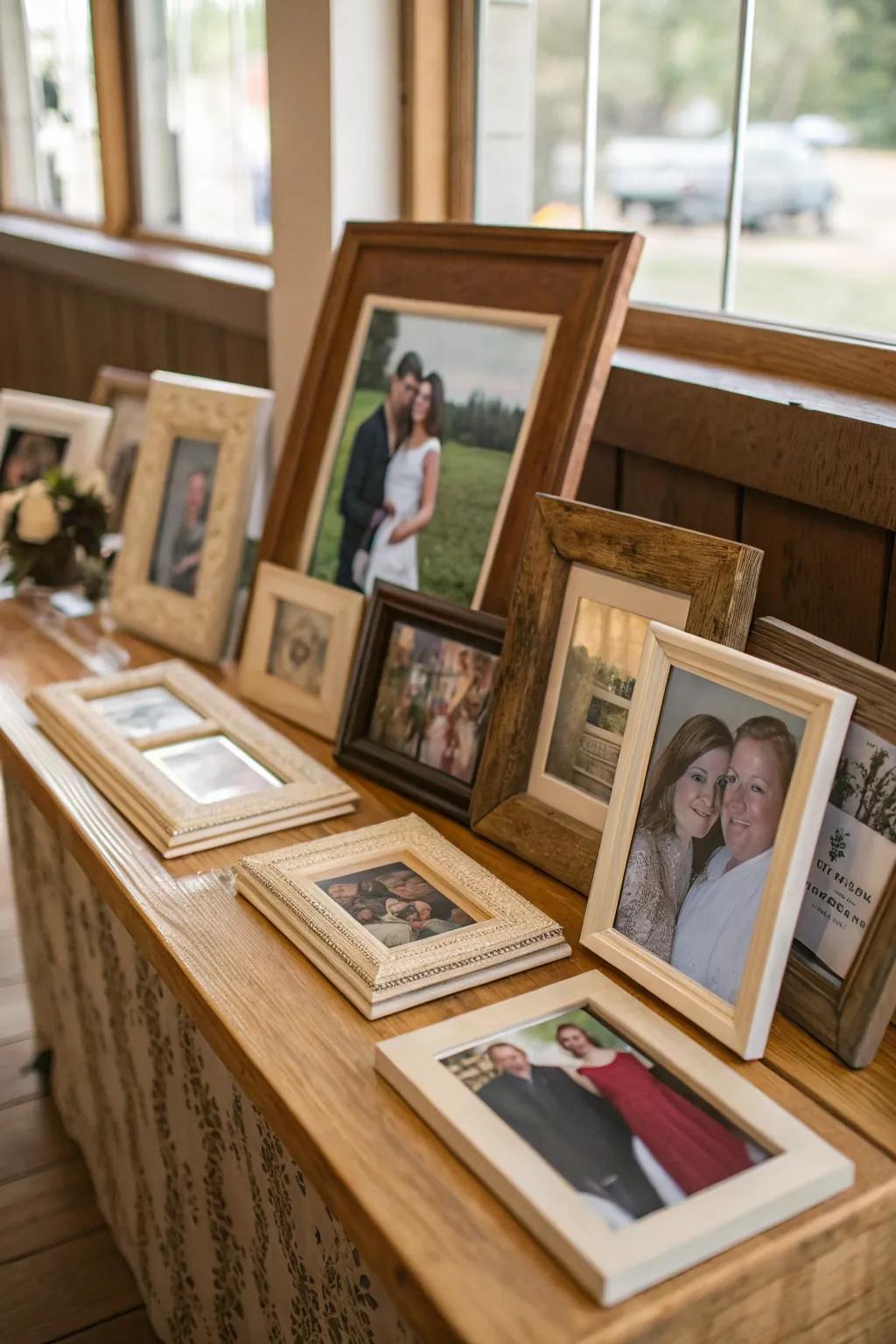 A collection of framed photographs to remember cherished loved ones.