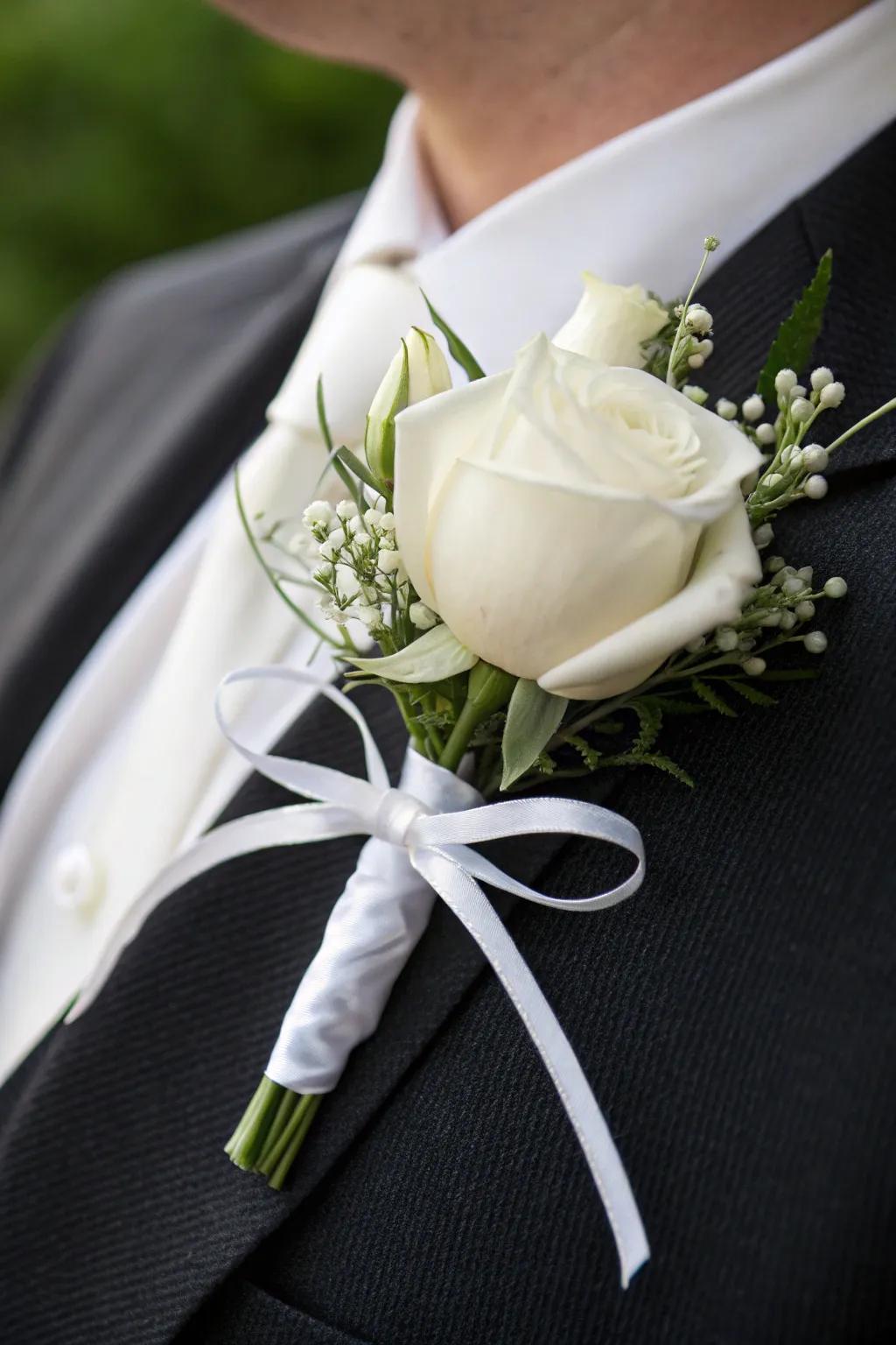 A classic white rose boutonniere adds timeless elegance.